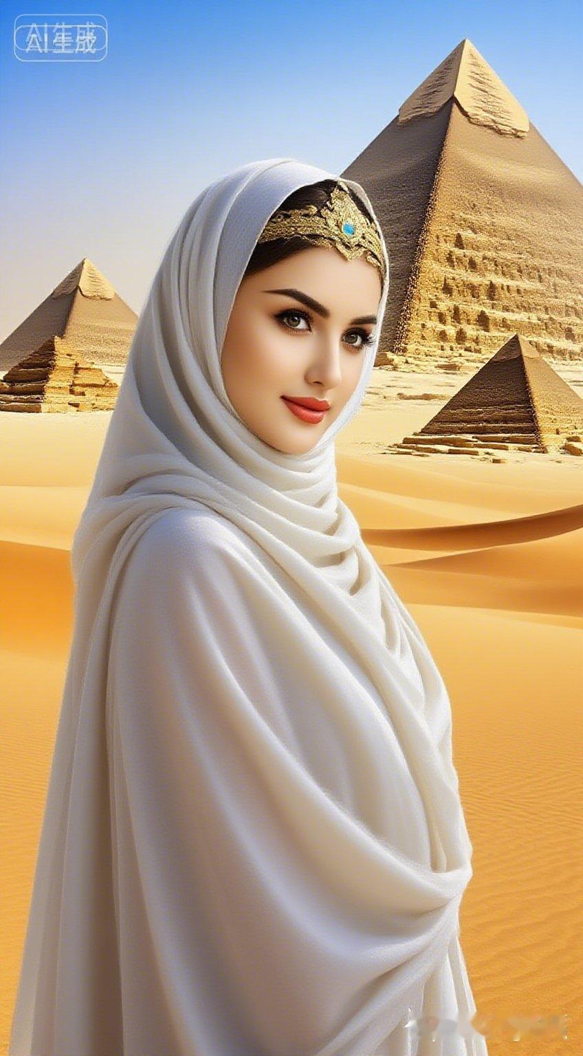 埃及金字塔下的神秘女子，白纱飘逸，宝石闪耀。