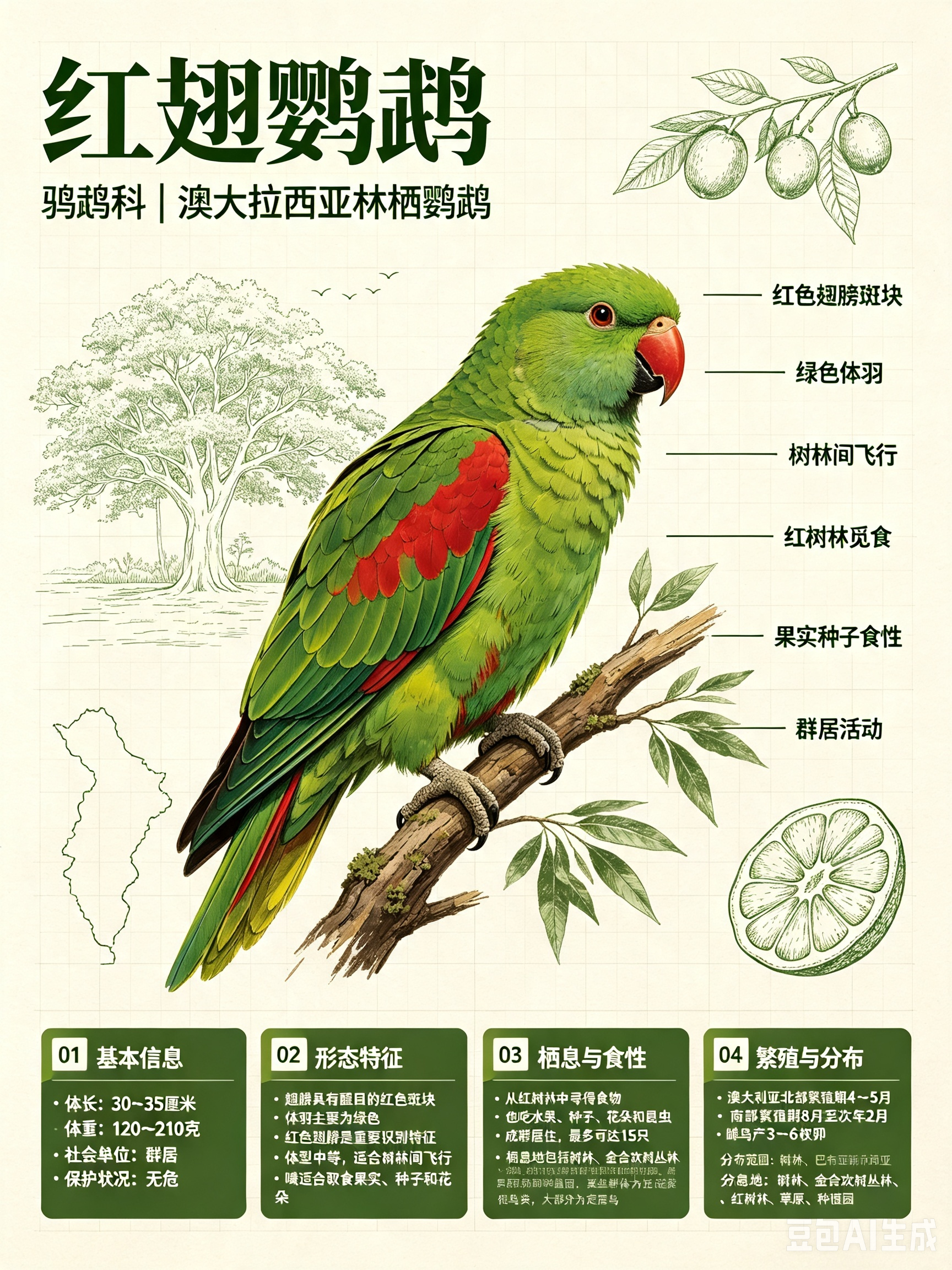 鸟类朋友图鉴 红翅鹦鹉体长：30~35 厘米体重：120~210 克社会单位：群
