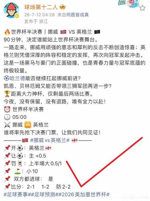7月12日5:00，美加墨世界杯1/4决赛，挪威队在迈阿密硬石体育场迎战英格兰队