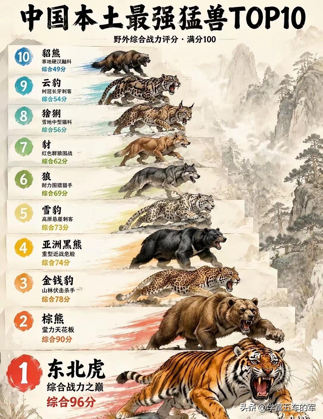 山林猛兽排行

我偶然看到一份本土猛兽战力榜单，一下子就被吸引住了。这份排名综合