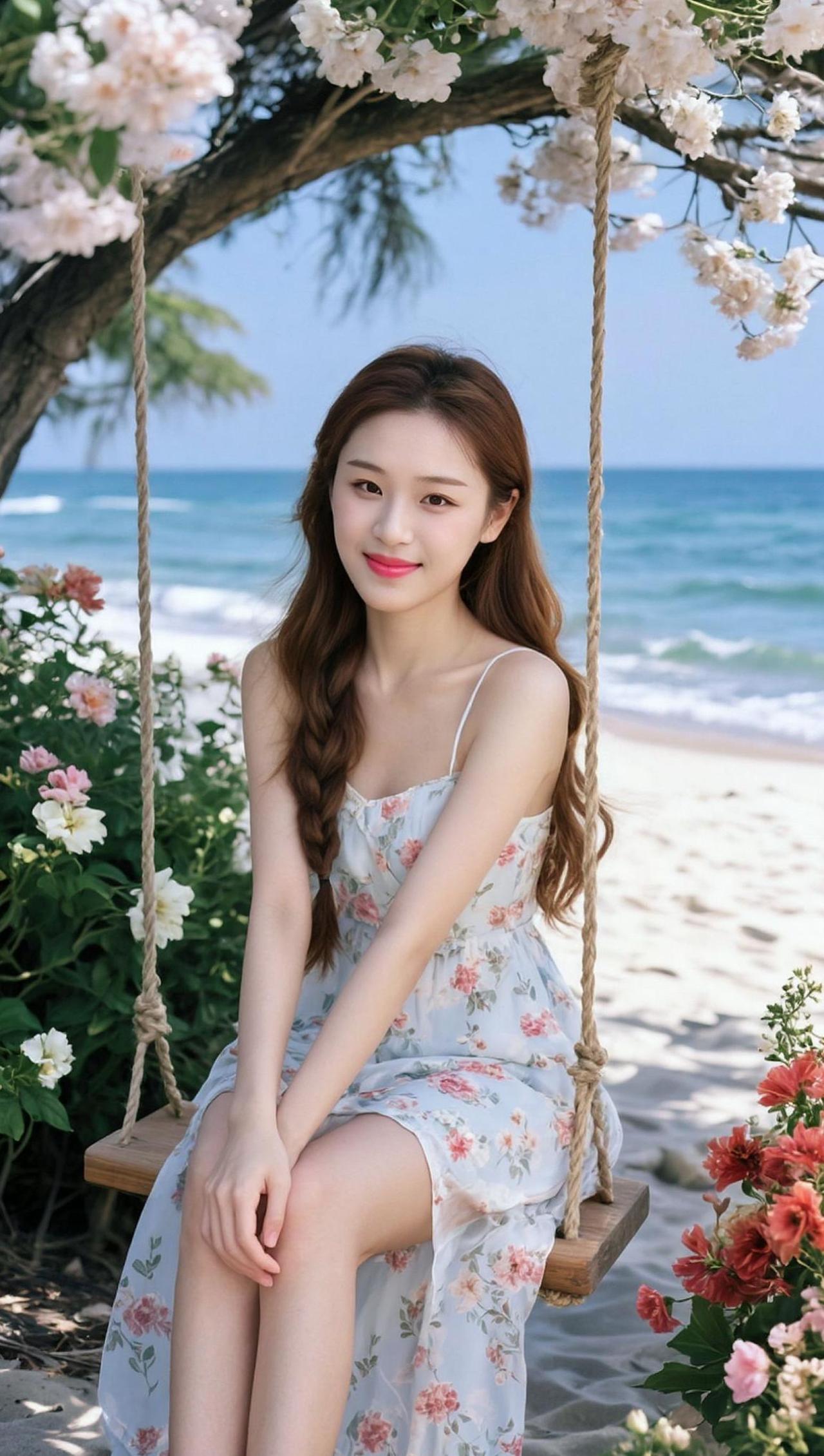 海风轻拂，裙摆飞扬，仿佛时间在这一刻静止。阳光洒在沙滩上，映出斑驳的光影，像是大