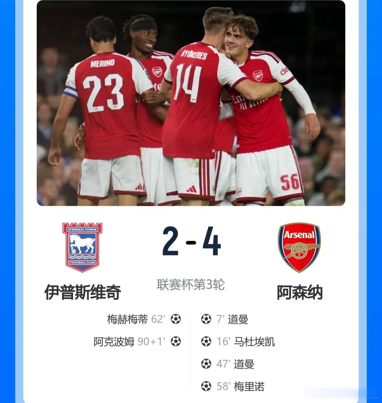 高歌猛进，所向披靡！3线6连胜！阿森纳4-2力克伊普斯维奇，顺利挺进联赛杯16强