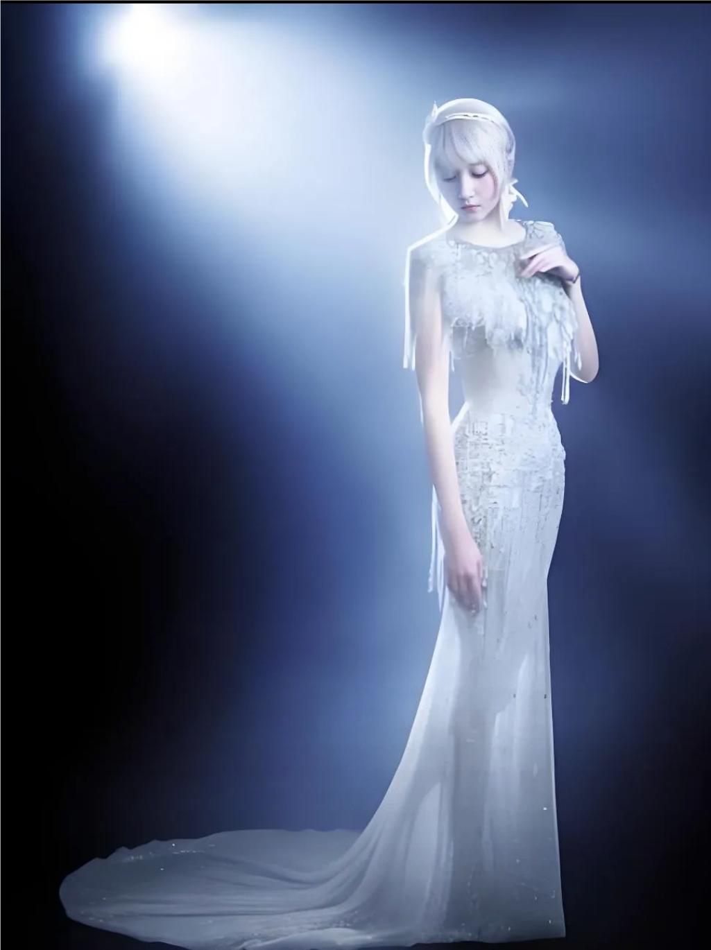 关晓彤在米兰时装周一身银色装扮太漂亮了，银色头发，加上银色长裙，就像是漫画中的仙