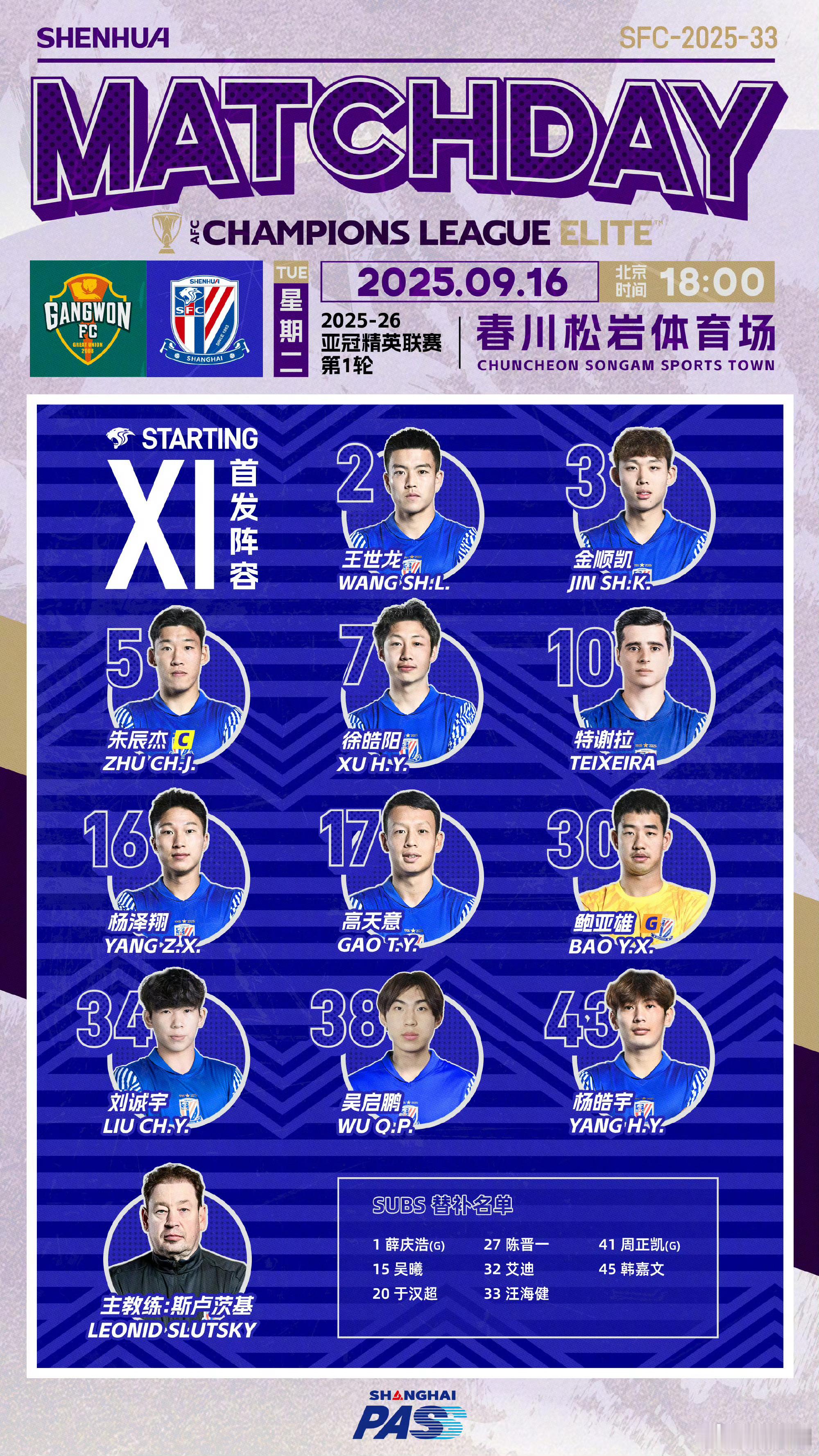 今晚申花亚冠客场首发公布。正好在21 日主场打成都蓉城之前，轮换的同时，几个位置