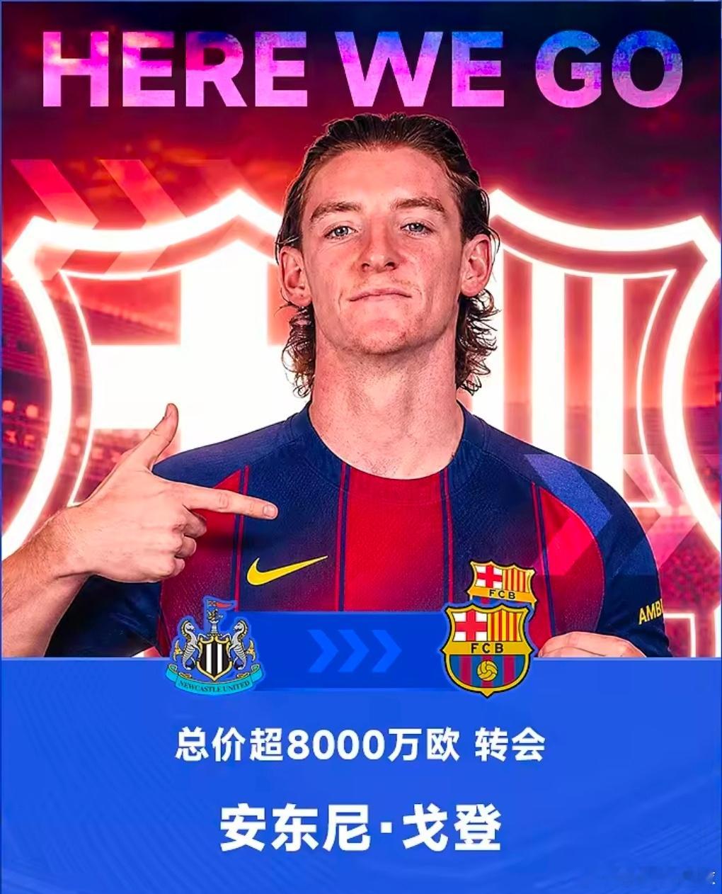 HWG！转会实锤，罗马诺：戈登奔赴巴萨，转会总价突破8000万欧罗马诺用足坛标志