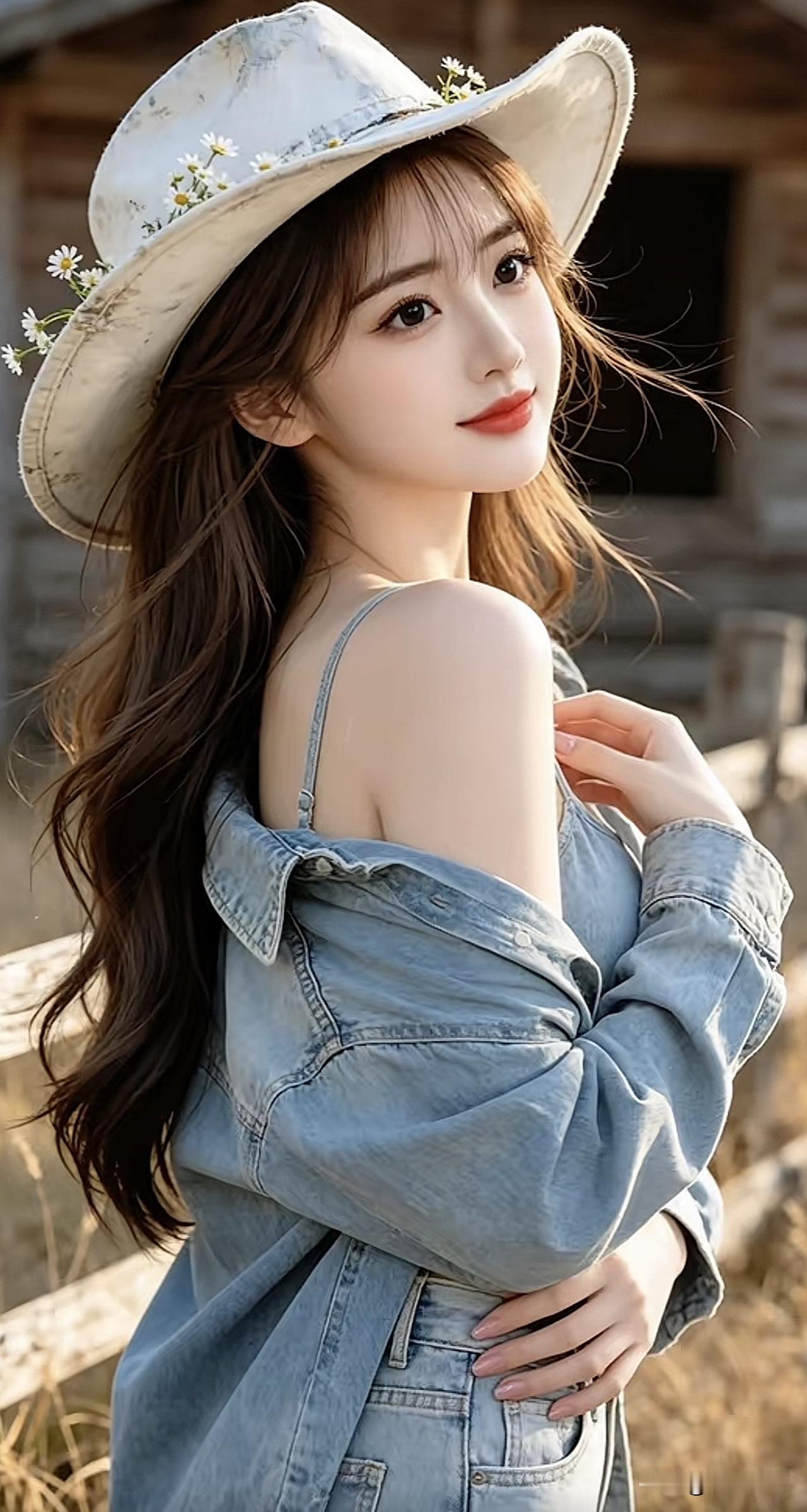 田园风少女，牛仔与草帽的完美搭配，甜美动人！牛仔甜妹穿搭 海边草帽穿搭 草帽女孩