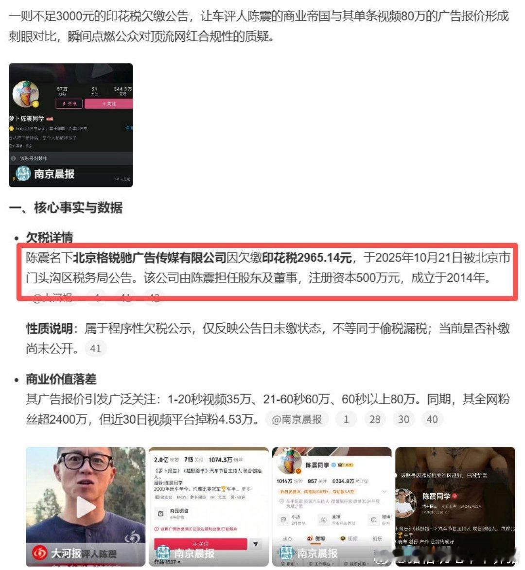 陈震名下公司因欠税被公告陈震60秒视频报价80万这也能被热搜，笑死了，千八百块钱