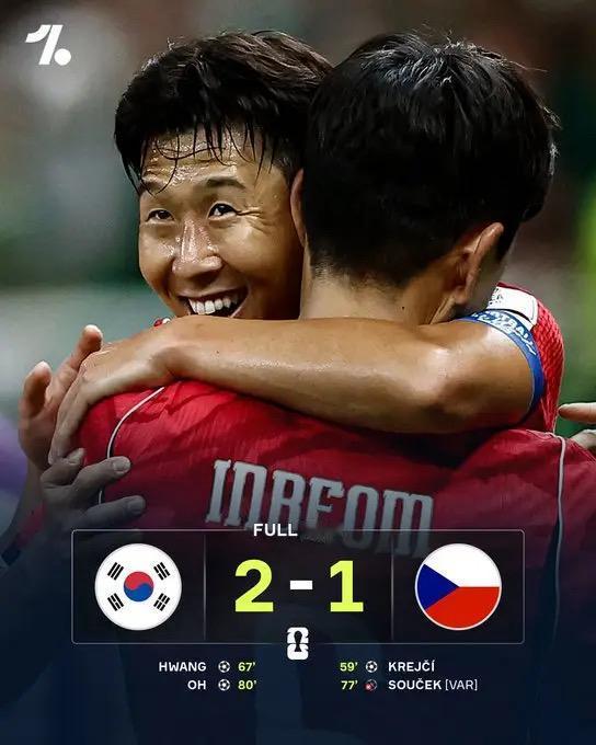 韩国队2比1逆转捷克队，两球都是孙兴慜不在场韩国队进的。
孙兴慜数据：6射1正，
