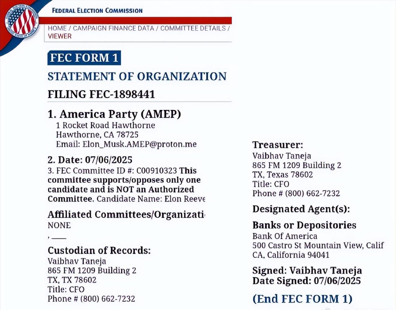 一份联邦选举委员会（FEC）文件曝光，显示美国党（AMEP）以埃隆·马斯克的名义