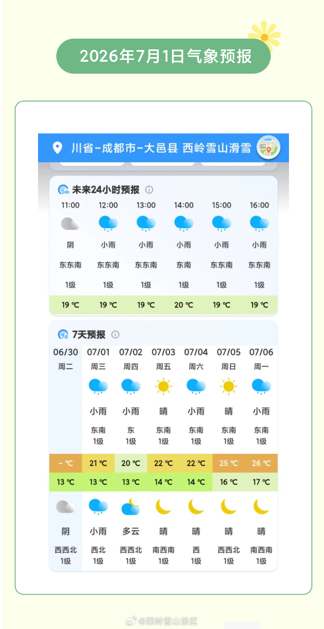 西岭雪山7月1日（周三）气象预报#西岭雪山#