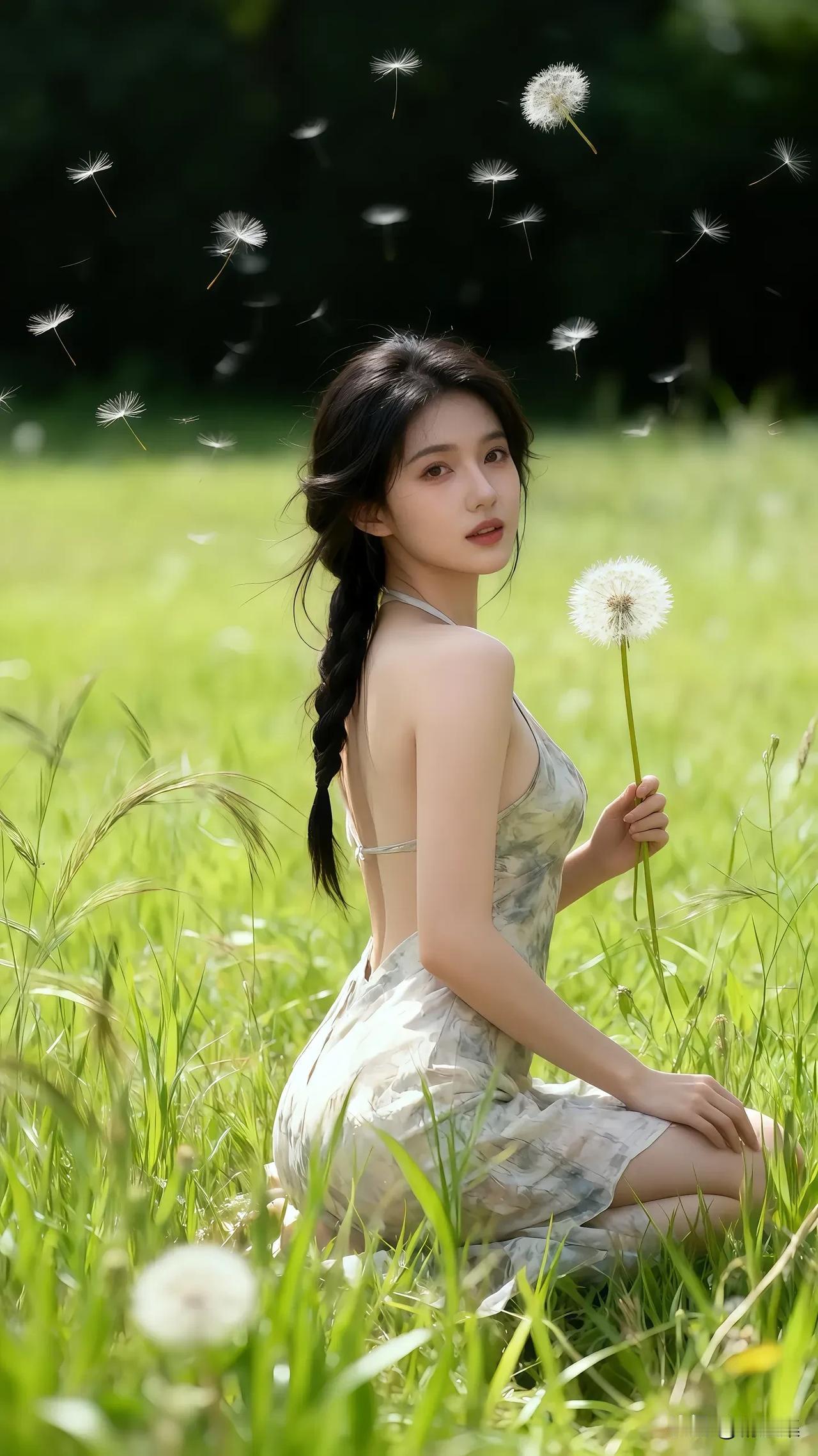 阳光下的少女，轻盈的裙摆，与蒲公英的浪漫邂逅。