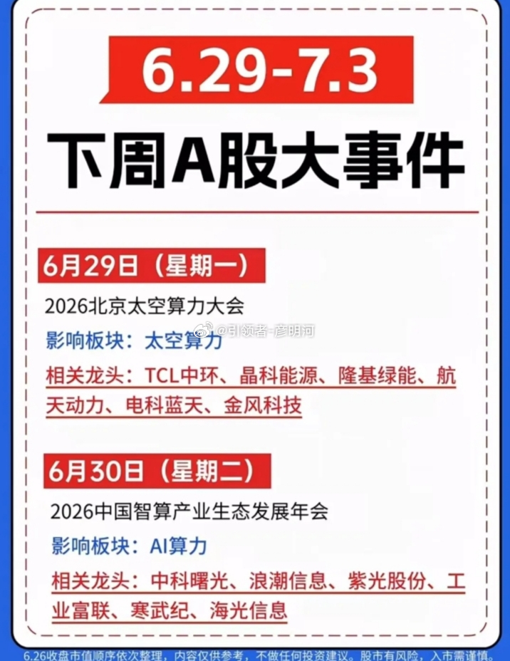 6.29-7.3下周 A 股大事件6 月 29 日（星期一）2026 北京太空算