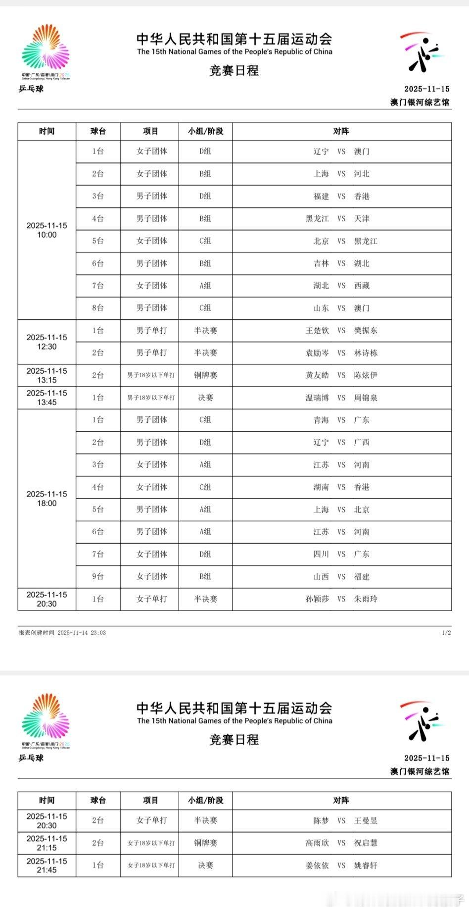 2025年第十五届全运会乒乓球第九比赛日赛程：11月15日10:00 T1 女团