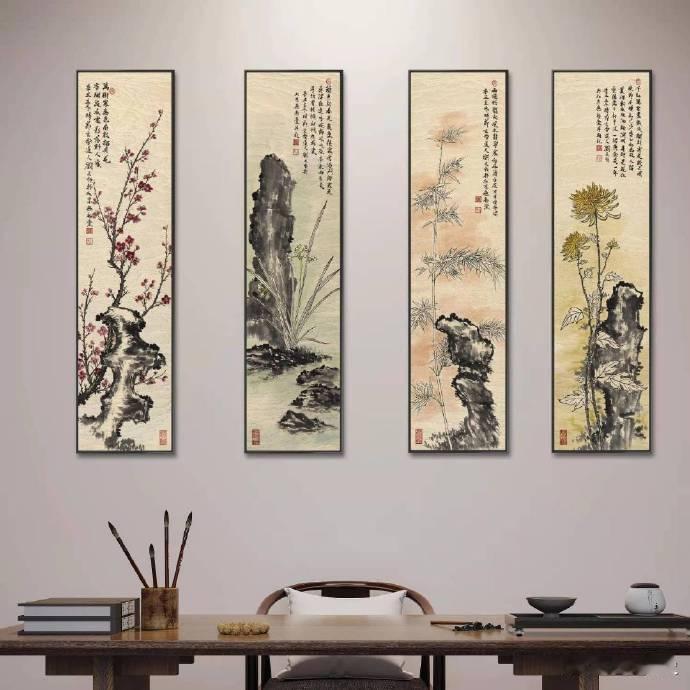梅兰竹菊俗称四君子,寓意很好,这种画适应性很强,在客厅、办公室等很多地方都比较适