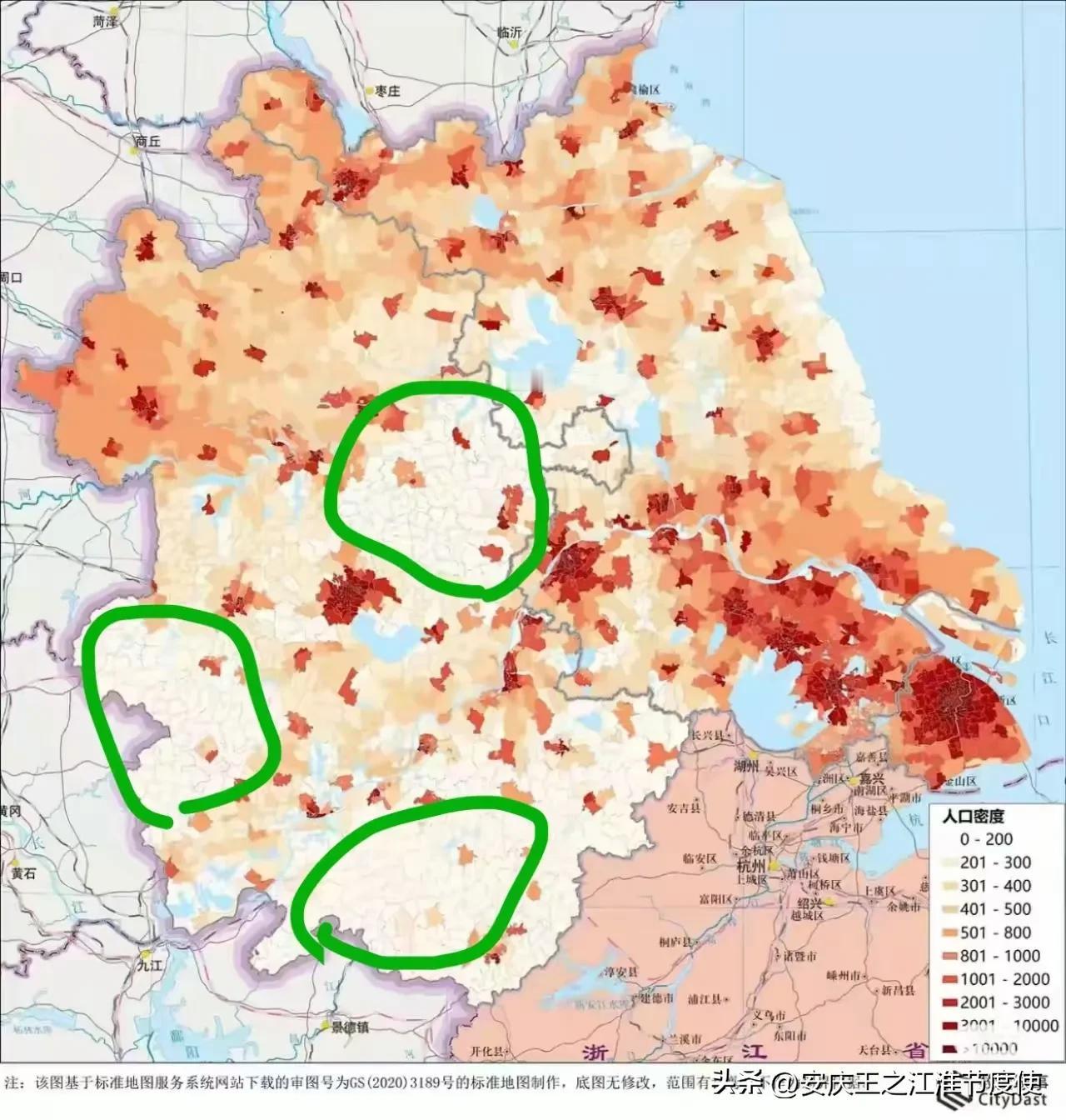 长三角的人口分布图中有一点让我有点感觉到不可思议，图中安徽的滁州和蚌埠那样的一大