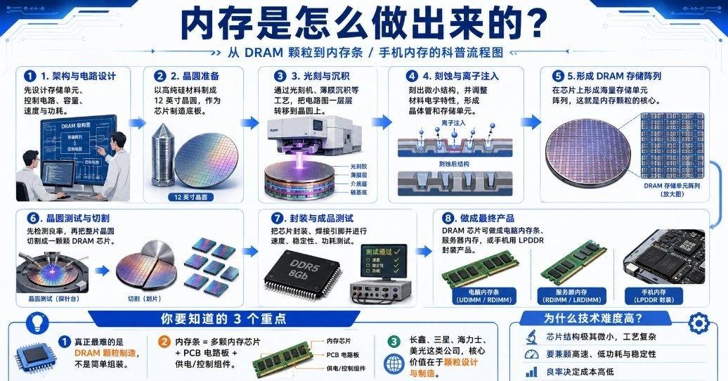 **技术难度非常高。**DRAM 内存颗粒不是普通“原料”，它本身就是内存产品最