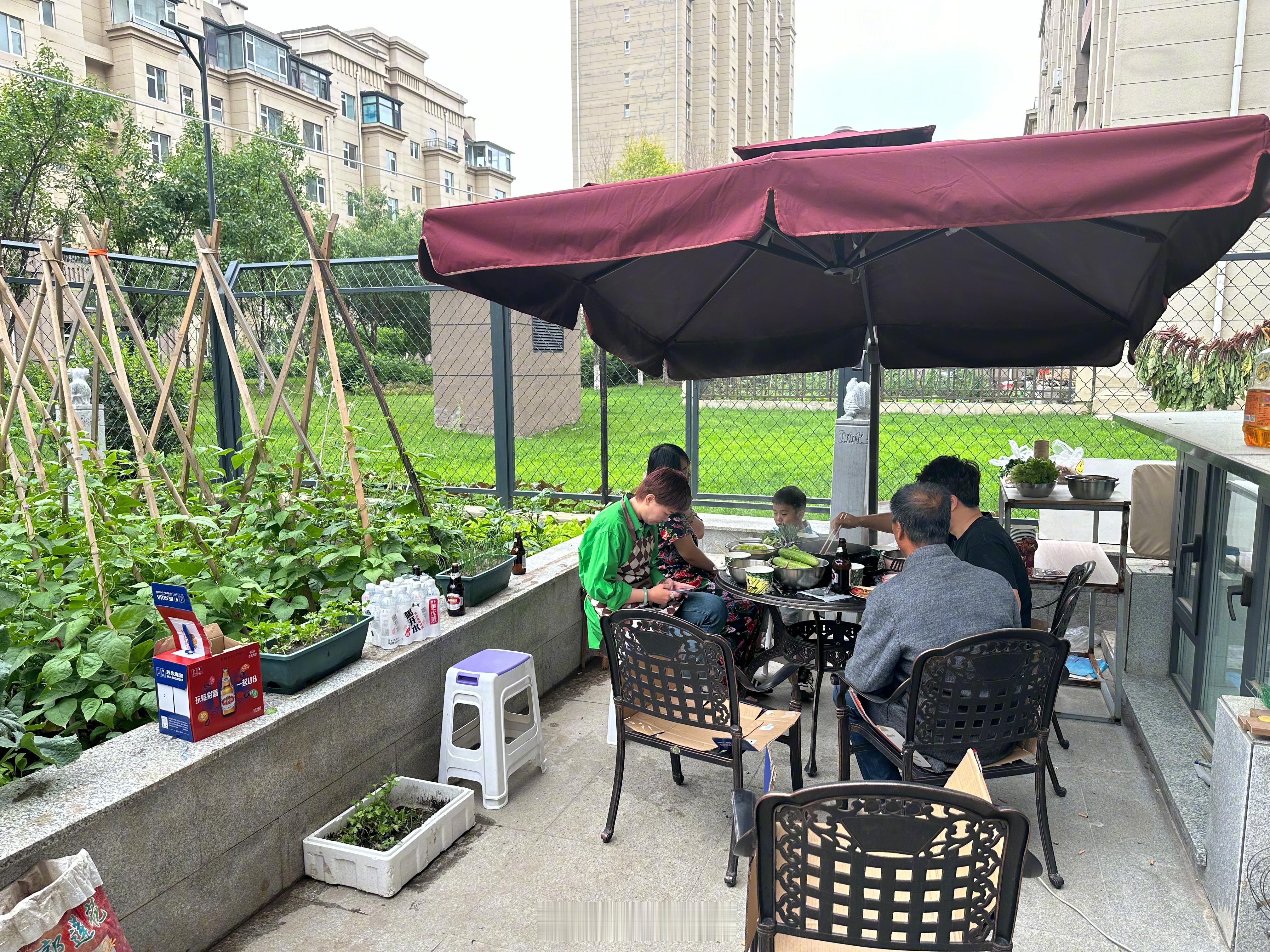 天气略阴，风凉，小院里整点烤肉，惬意！都是自己家种得菜，纯绿色 ​​​