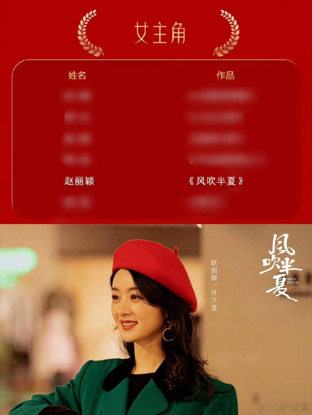#金鹰奖提名名单# 赵丽颖凭借《风吹半夏》提名金鹰视后！金鹰、白玉兰、飞天提名大