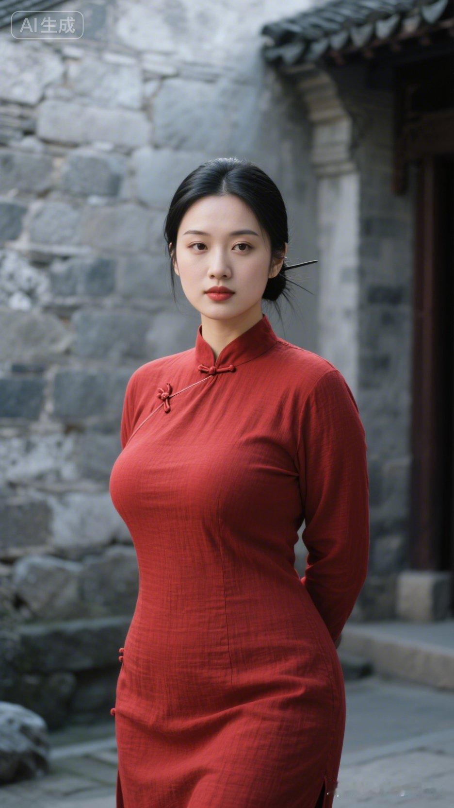 红衣美人倚古墙，岁月静好如画卷。