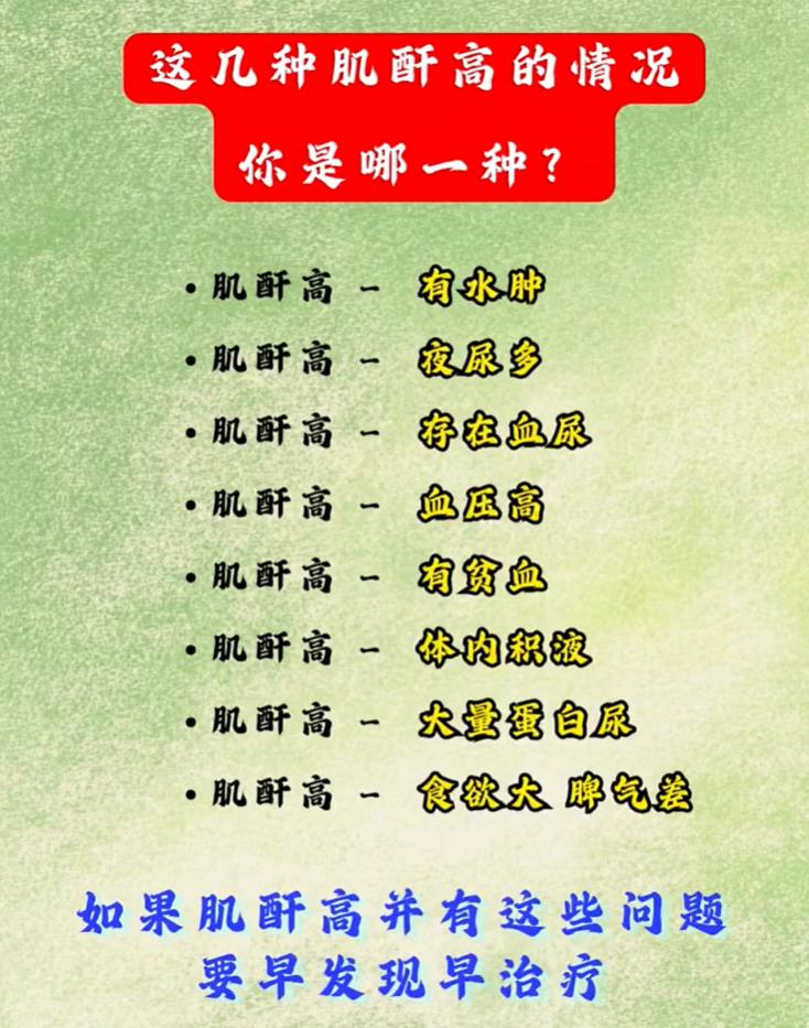 肌酐是评估肾脏滤过功能的重要指标，当肌酐数值升高，同时合并下面这些表现时，提示肾