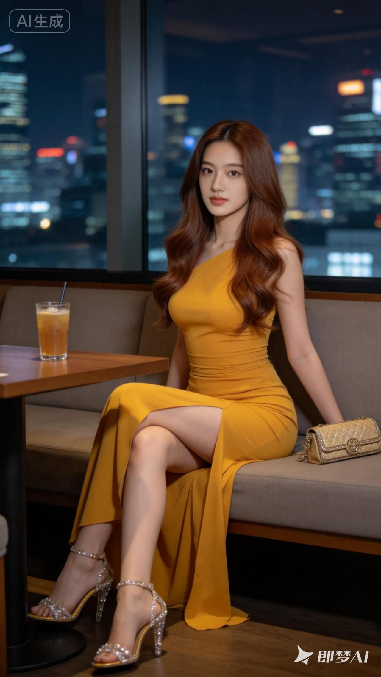 都市夜景下的优雅时光，黄色长裙与高跟鞋的完美搭配，尽显时尚魅力。