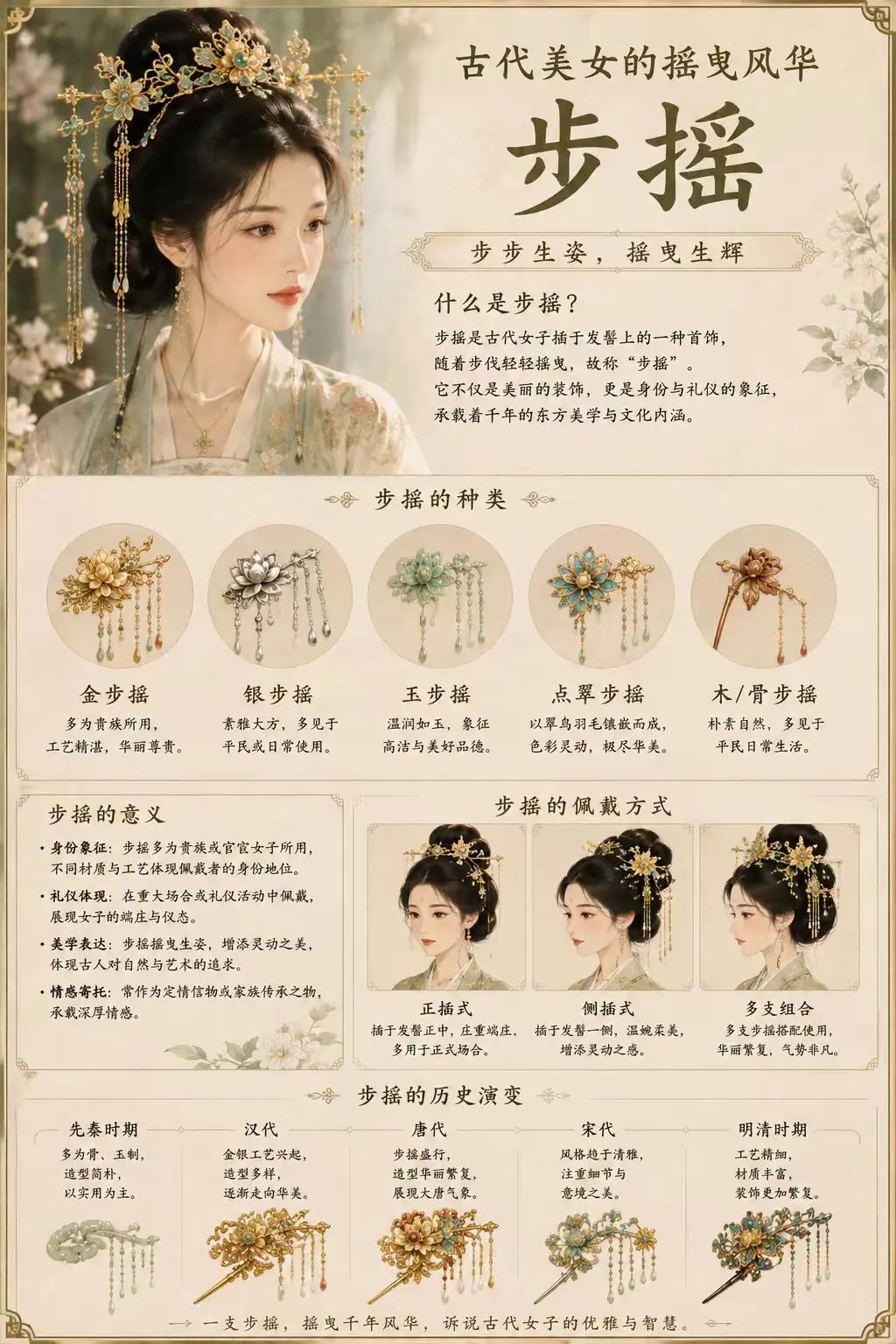 步摇，是中国古代女子极具代表性的发饰之一。因佩戴后会随着步伐轻轻摇动，因此得名“
