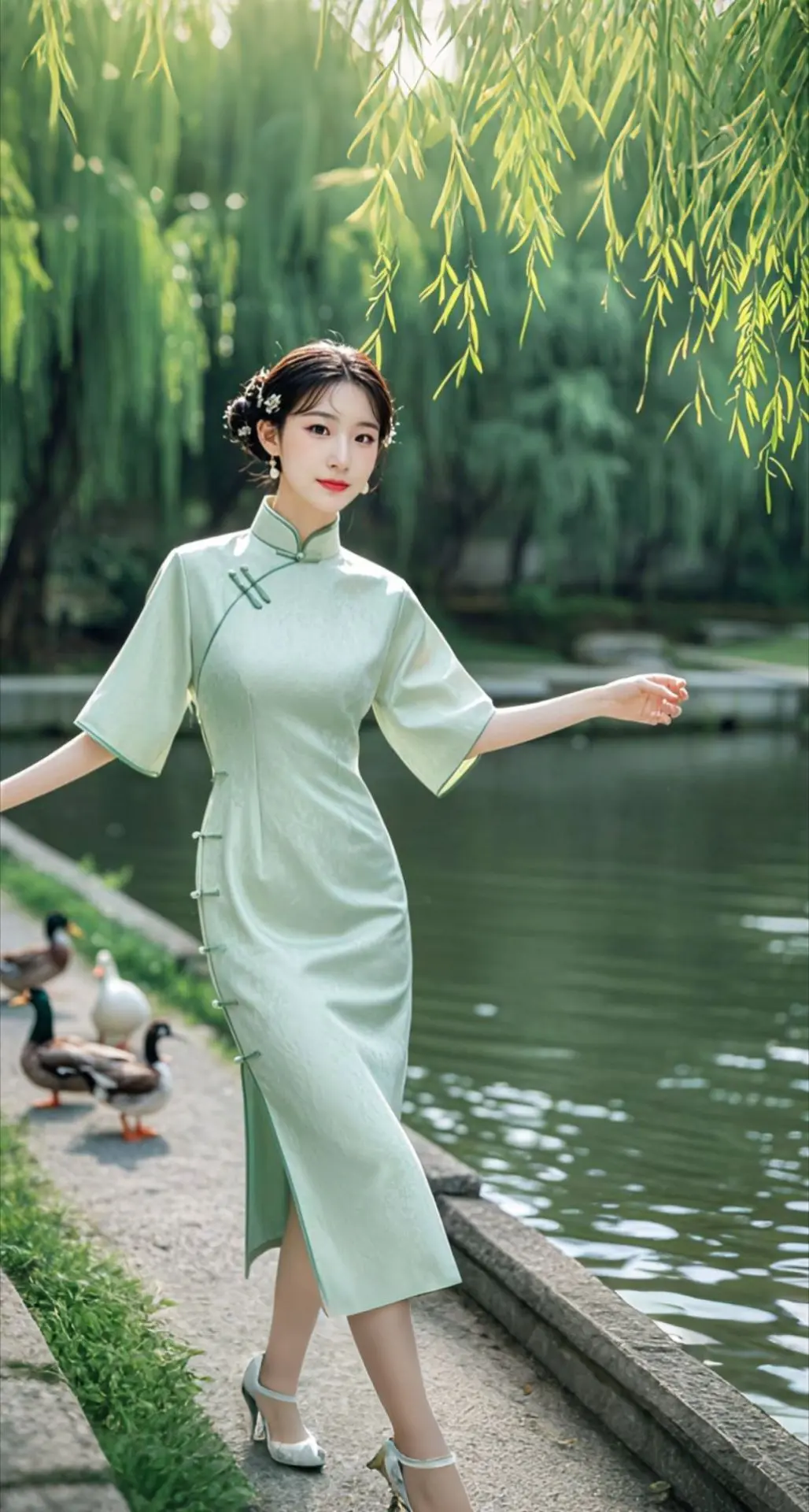 AI扩图 AI绿袍佳人赏景
