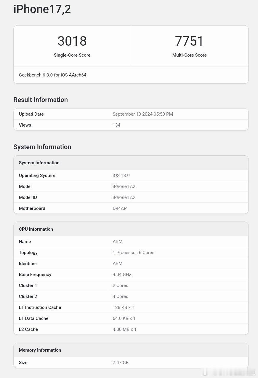 疑似A18跑分的Geekbench图出炉了，单核3000+，多核6600-700