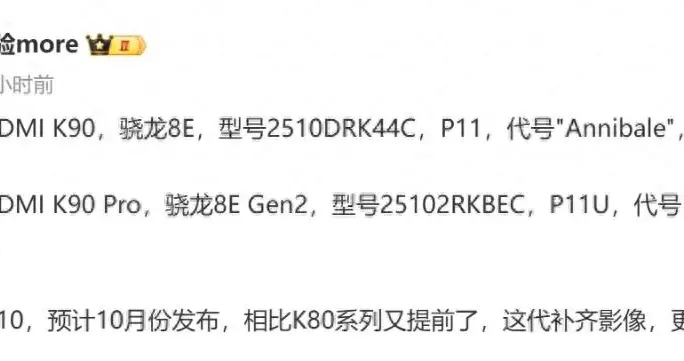 REDMI K90系列配置细节曝光：影像短板补齐 更全能了