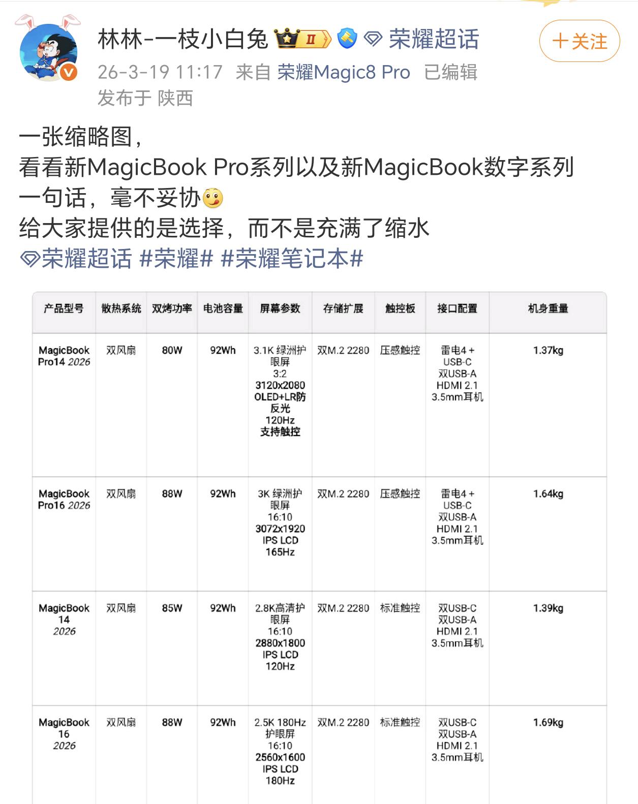 荣耀尚未发布的MagicBook Pro系列以及新MagicBook数字系列参数
