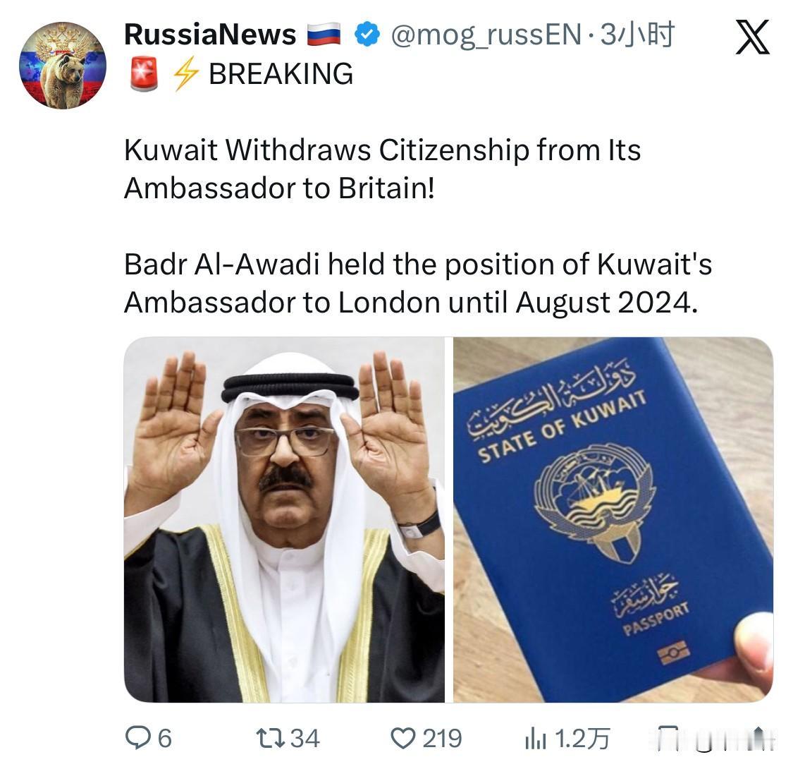 突发新闻：科威特撤销其前驻英国大使巴德尔·阿瓦迪的公民身份！

巴德尔·阿瓦迪担