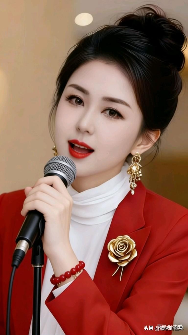 优雅红衣女郎，手持麦克风，演绎动人歌声。红衣少女自拍 动感红衣美女