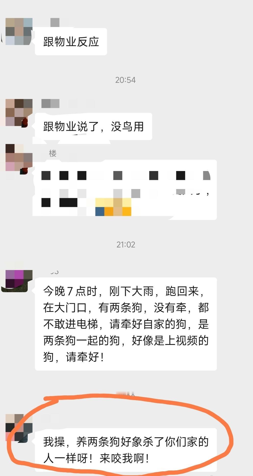 我们小区有人两条大狗不牵绳，在入户大堂吓着别人了，在群里提醒下，狗主人非常猖狂
