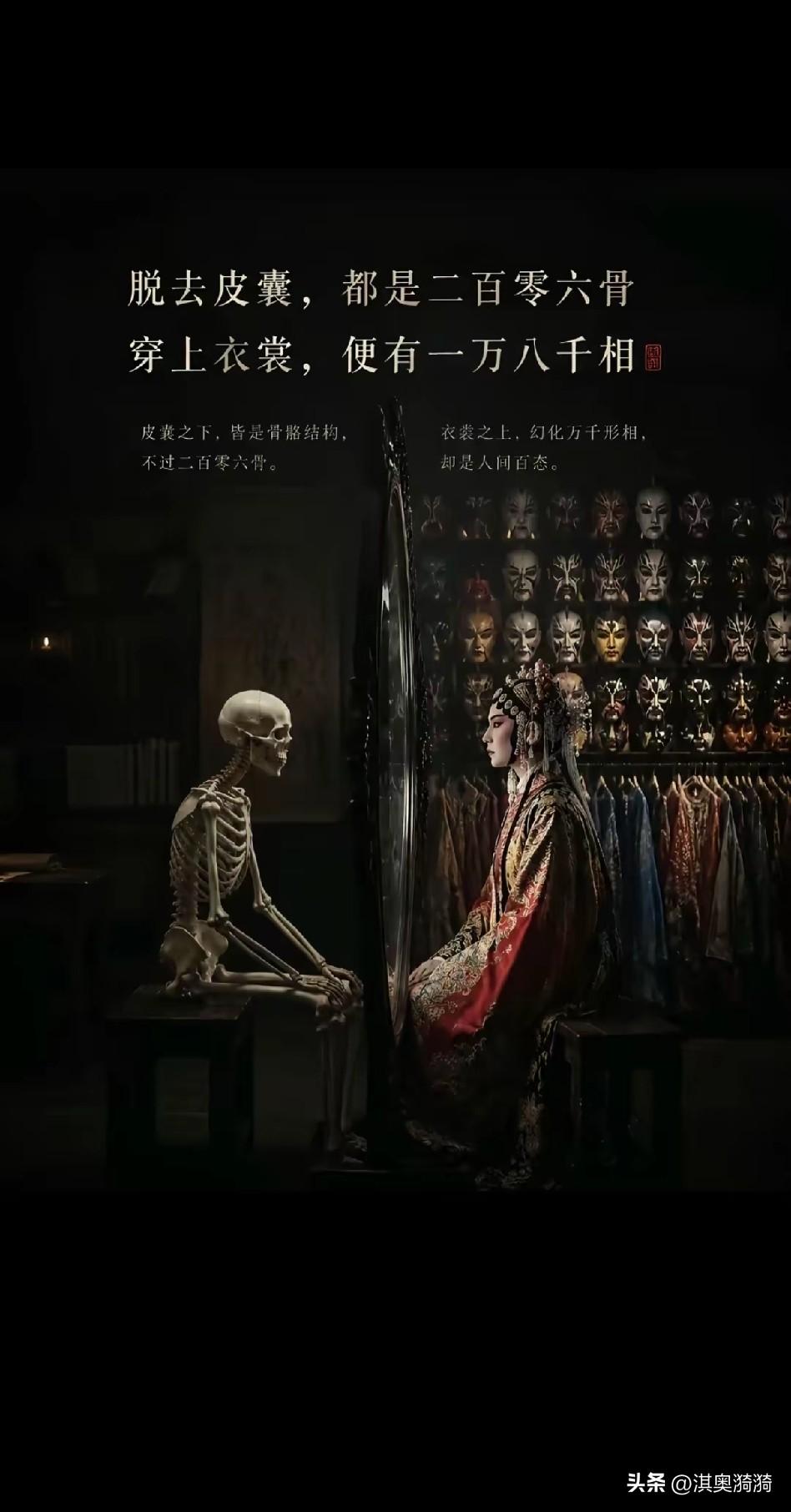 《皮囊三千，白骨一如；衣冠万象，本心无殊》

皮囊虽华，终归尘土。
骨相虽陋，本