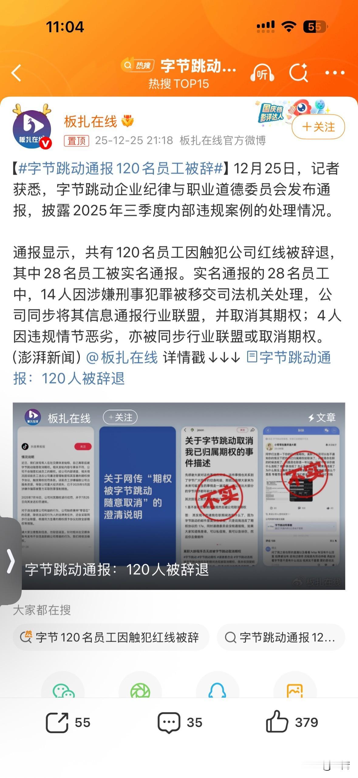 字节通报120名员工被辞退，其中28名被实名通报。

刑事犯罪：14名员工被移交