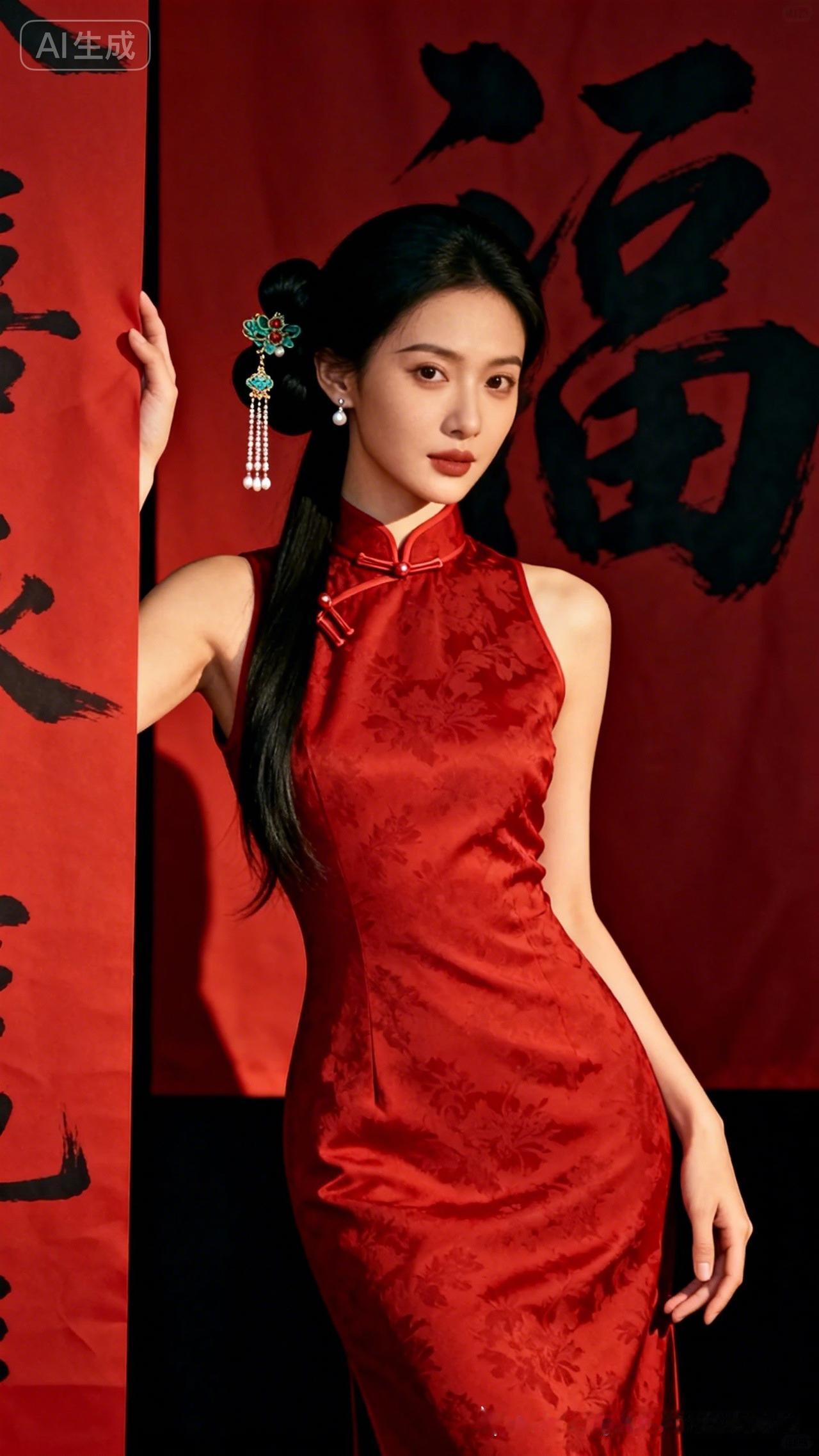 红衣美人，福字相伴，韵味十足！