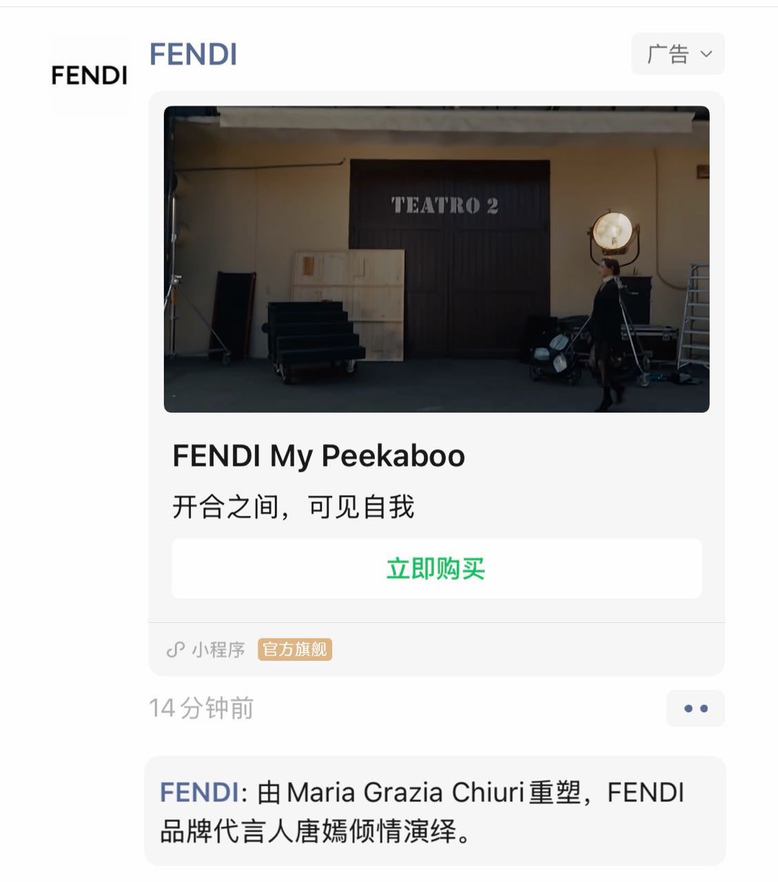 微信朋友圈唐嫣 FENDI 广告由Maria Grazia Chiuri重塑，F