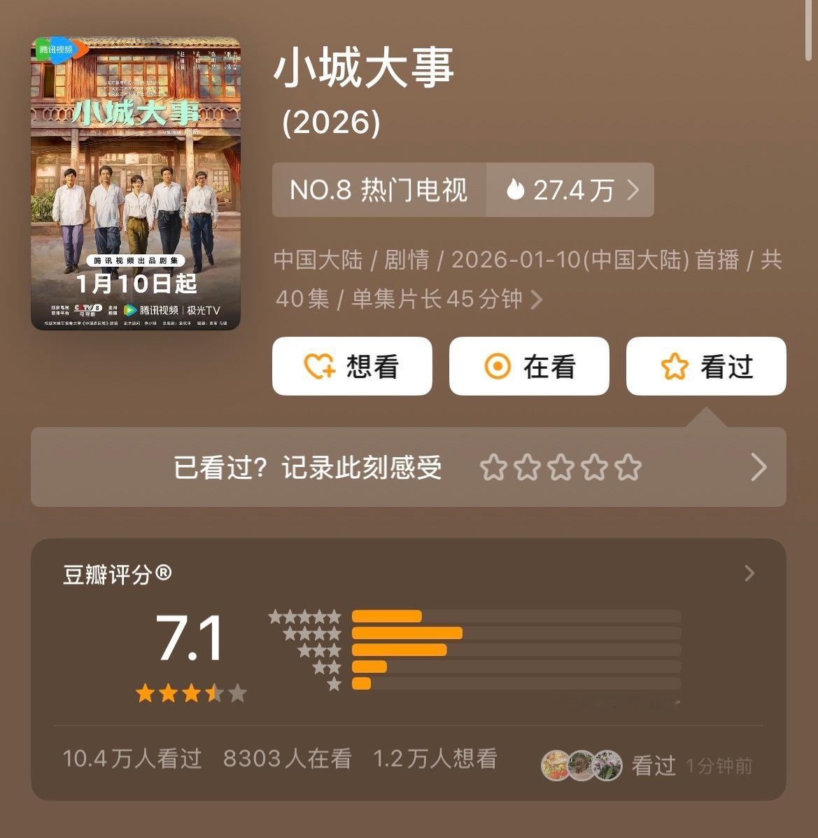 《小城大事》豆瓣开分7.1正在追，感觉还挺好看的啊！赵丽颖黄晓明都挺好。 