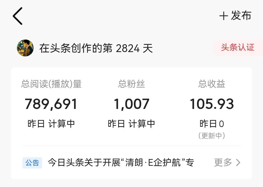 头条创造一月总结
一个月我收获78万阅读，1007粉丝和105元的收益。
这是我
