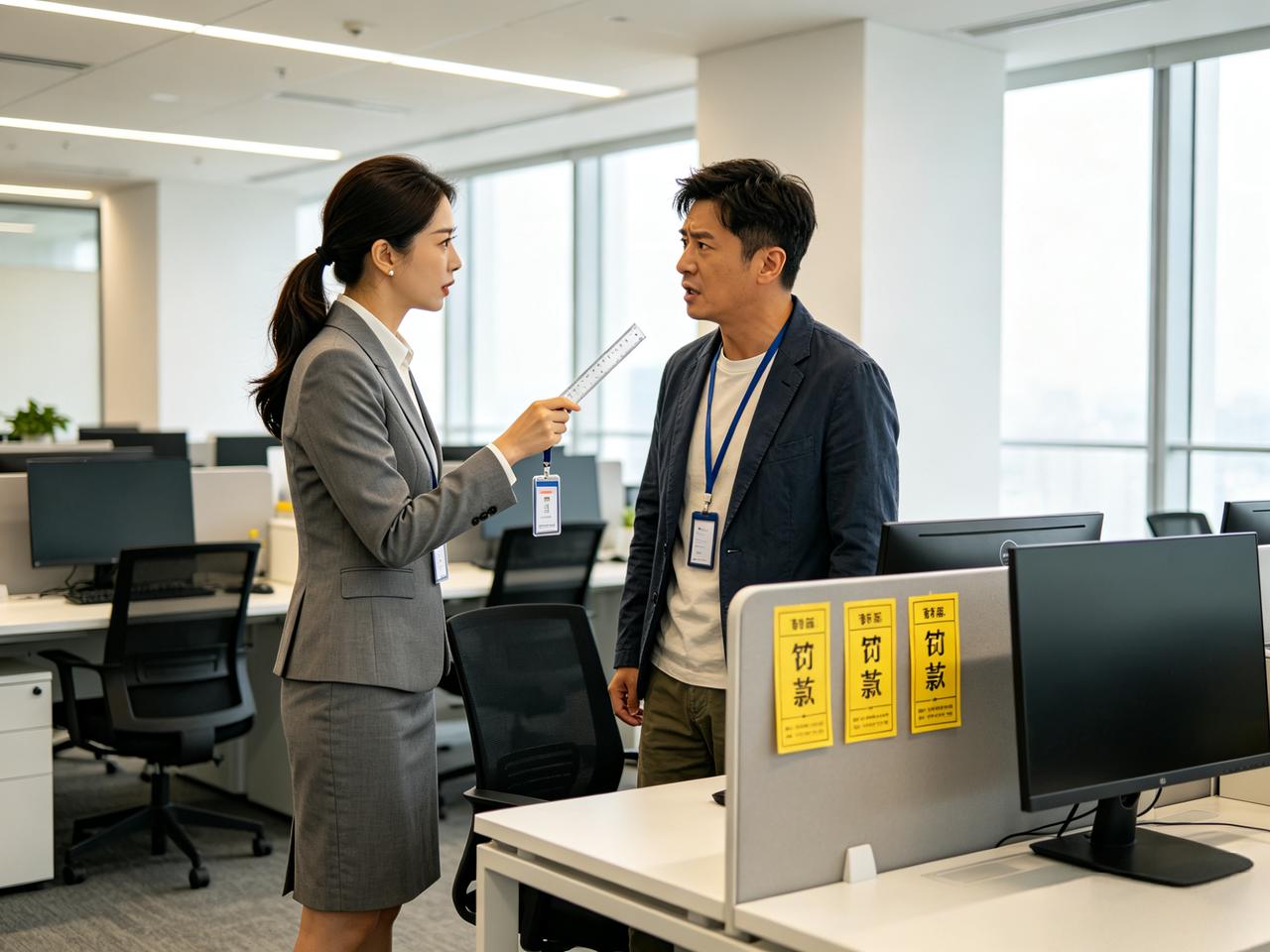 公司出了个新规定：工牌必须别在左胸前，歪一点都不行。

行政部刘姐每天拿把塑料尺