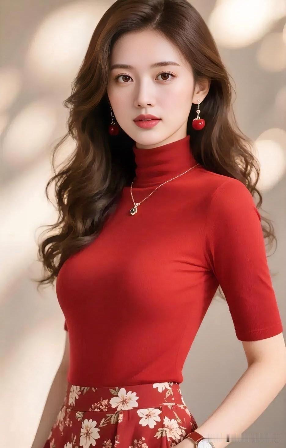 绯红高领，凝脂含笑。卷发如云，映衬精致眉眼，腕间流光溢彩。一袭华裳，尽显温婉优雅