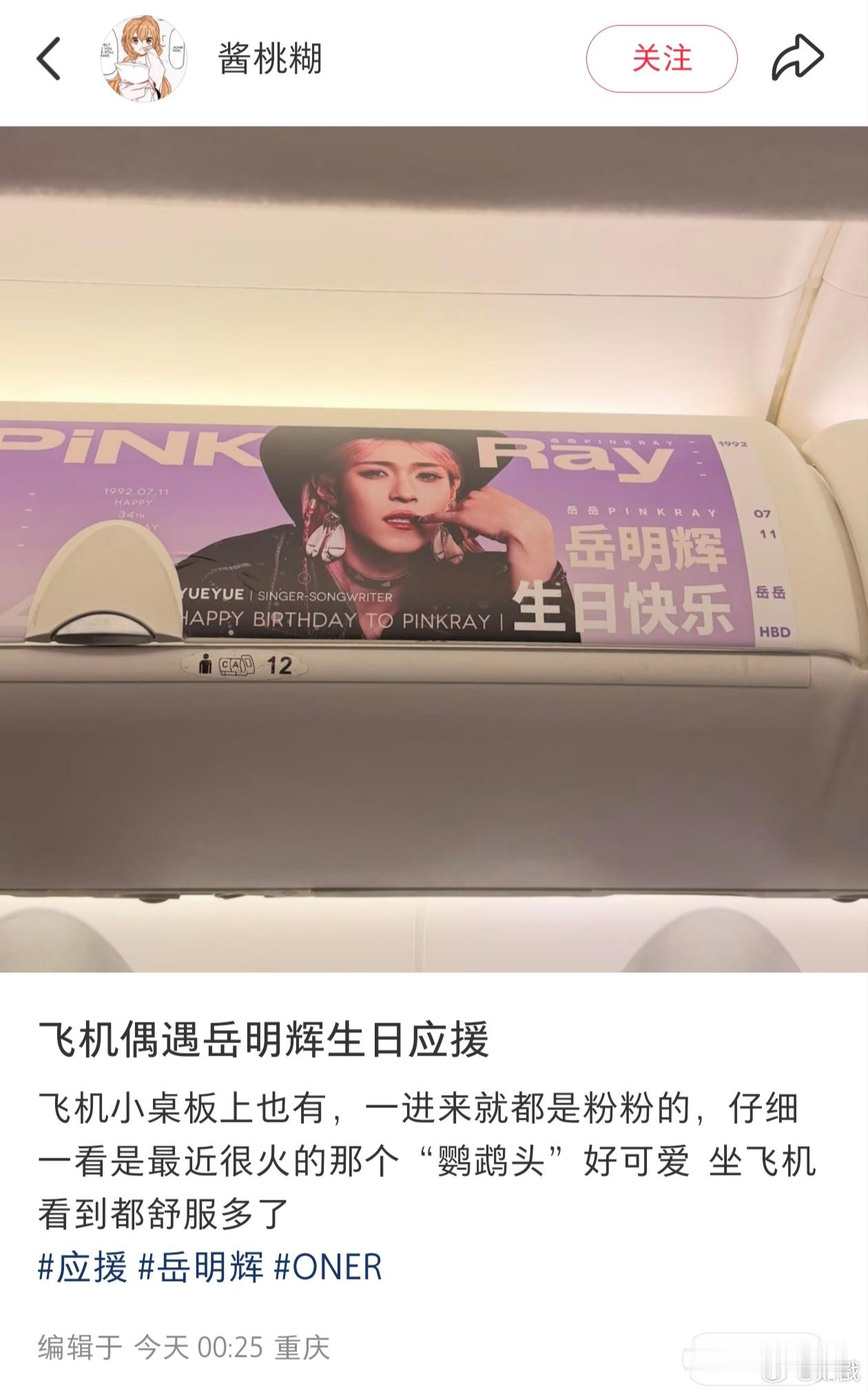嚯嚯嚯。。。飞机上也有得劲魔法!?飞机偶遇岳明辉生日应援 飞机小桌板上也有，一进