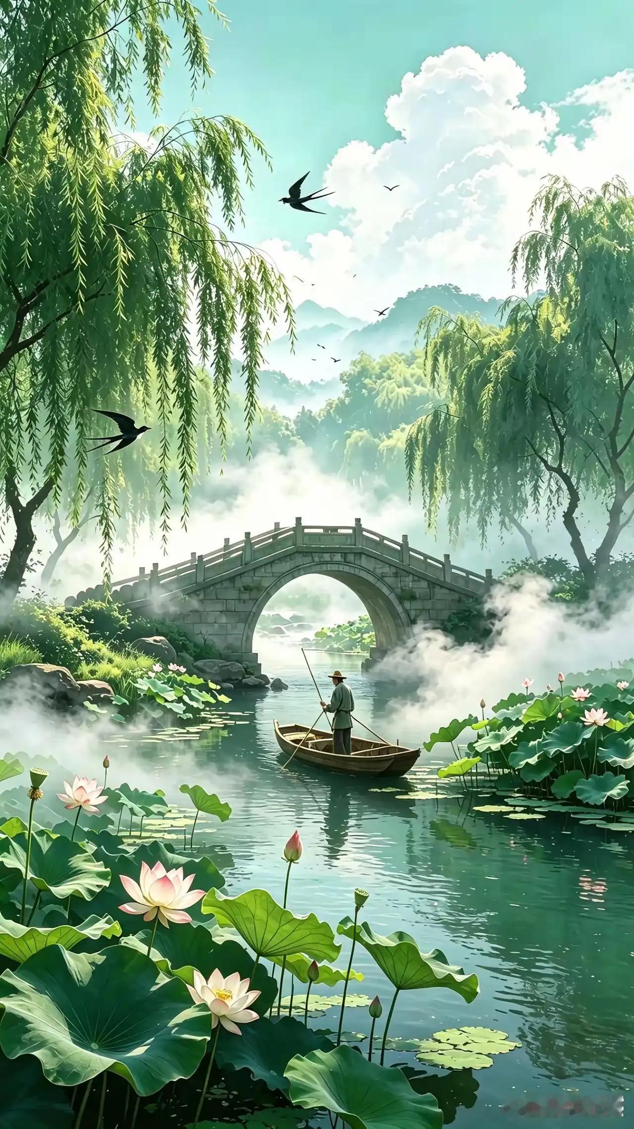 燕影翩翩掠柳堤，
荷香缕缕漫桥西。
渔歌袅袅随云远，
灯火阑珊渔家妻。