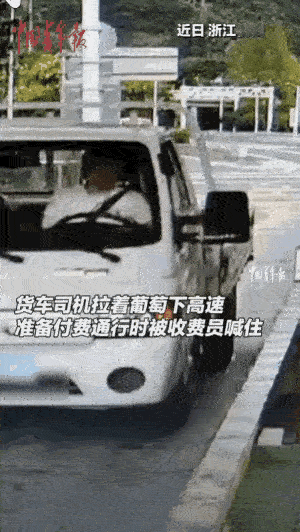 近日，浙江杭州，一男子拉着一车葡萄经过高速收费站，准备掏钱下高速时，却被收费员直