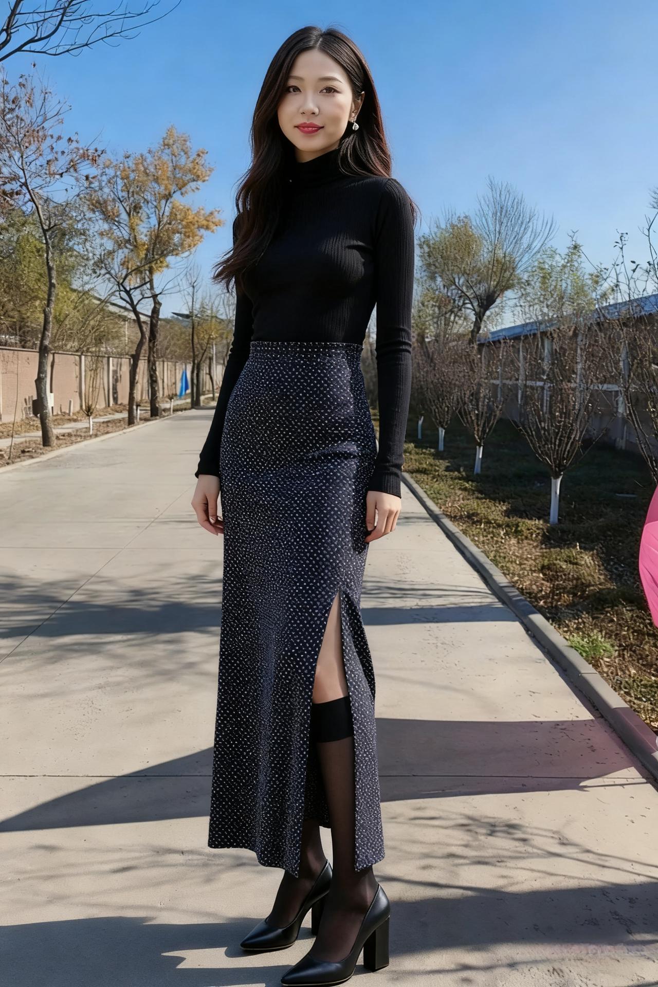 她是浪漫的化身
黑毛衣是夜的温柔
波点裙是星的闪烁
长发是月的光辉
她的笑是未说