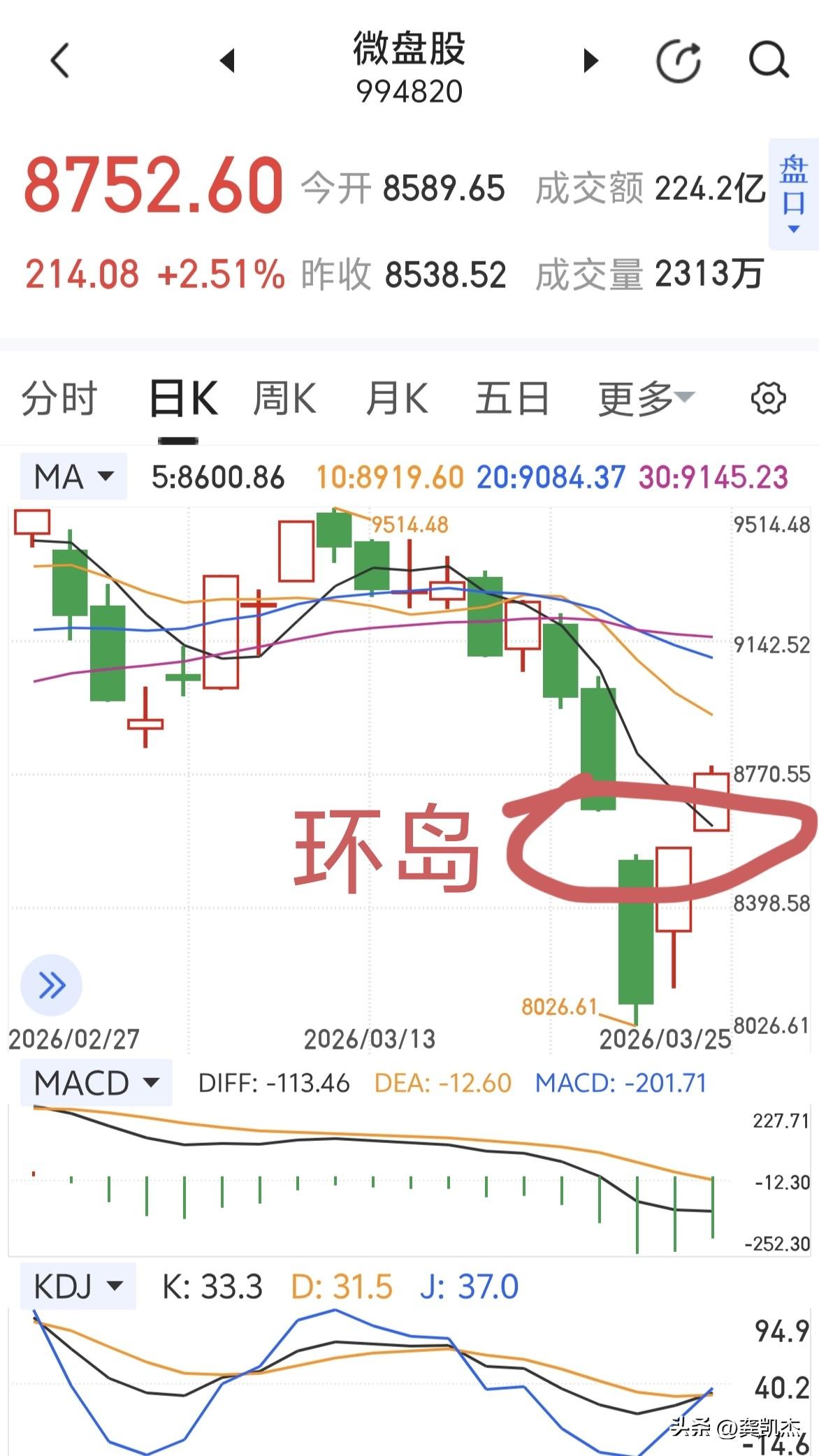 微盘股指数如果三天不回补缺口，就要形成环岛反转～～～概率不大，只不过值得期待而已