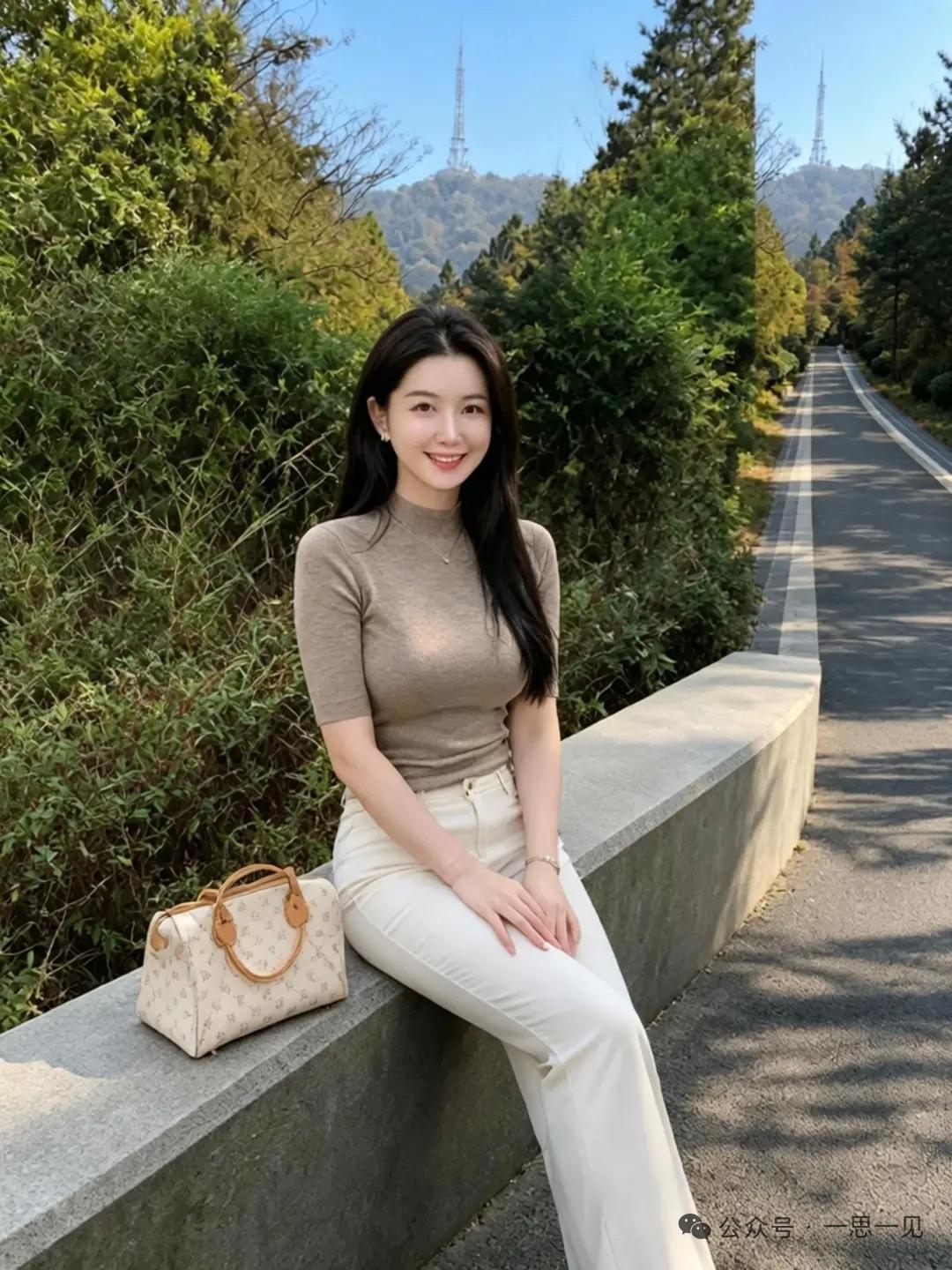 阳光明媚，她坐在路边微笑。