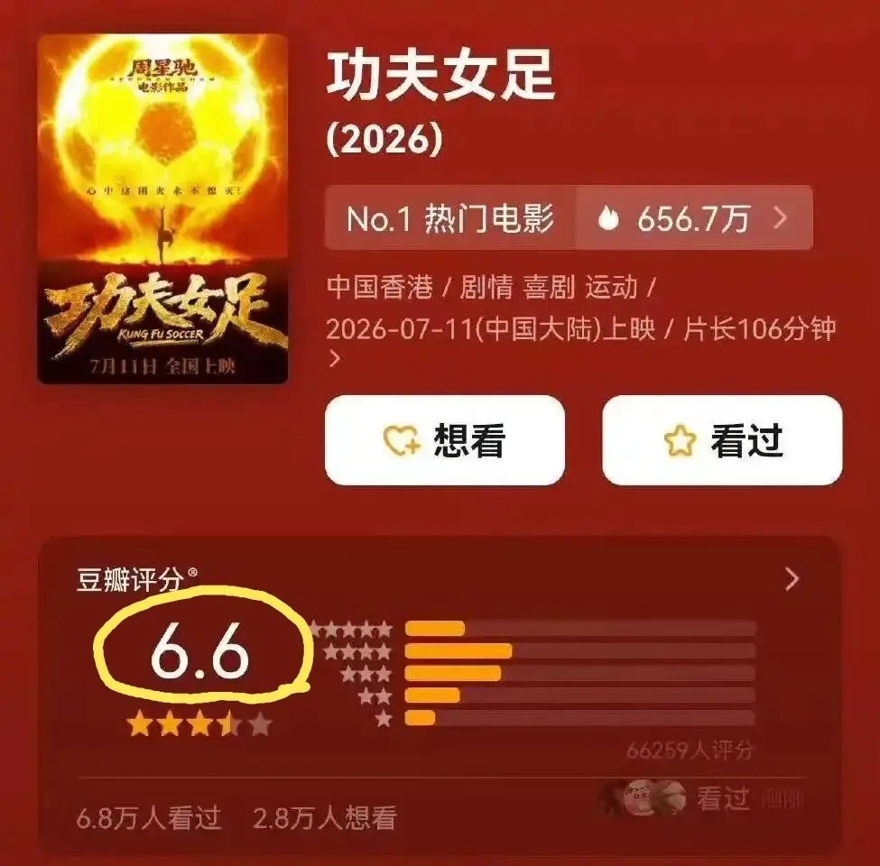 功夫女足豆瓣6.6票房却杀疯了我就想问问，你们贡献票房是冲着周星驰，还是冲着笑点