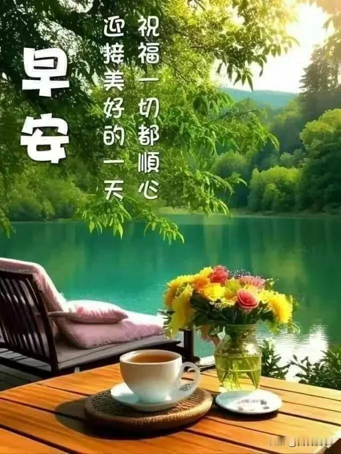 湖畔晨光暖，花香伴茶香。
祝福一切都顺心，迎接美好的一天，早安！