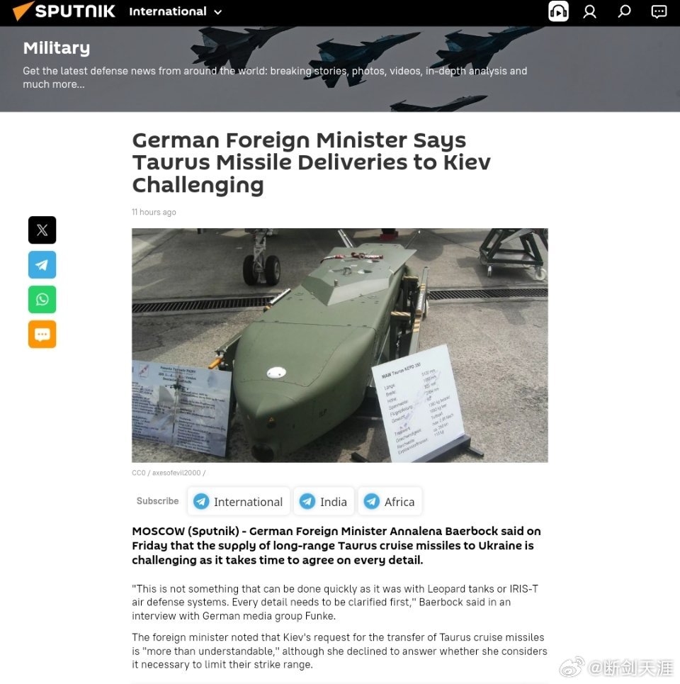 德国外长称向基辅运送金牛座导弹困难重重德国外交部长Annalena Baerbo